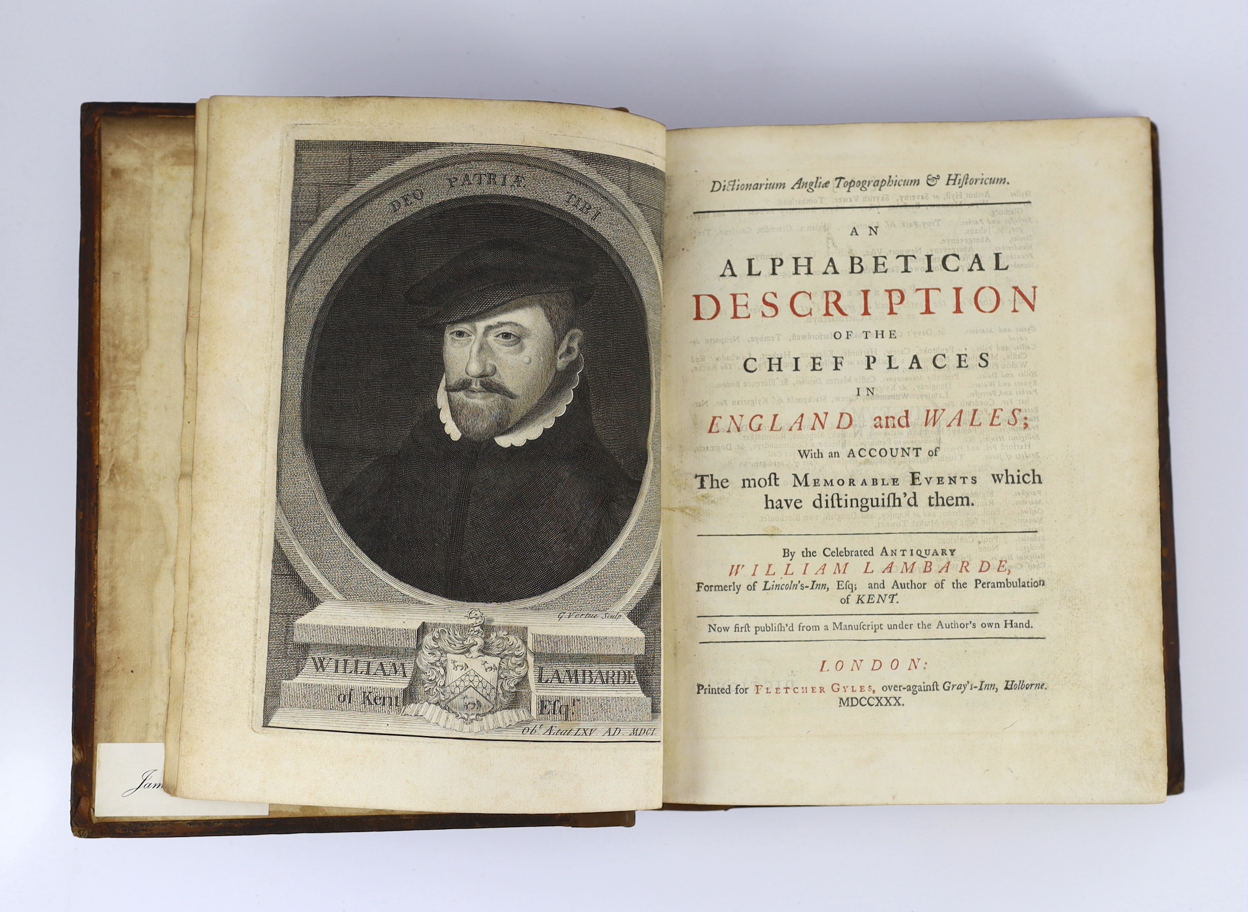 Lambarde, William - Dictionarium Angliae Topographicum & Historicum. An alphabetical description of the chief places in England and Wales ... portrait frontis., head and tailpiece decorations; contemp. gilt-ruled calf, s